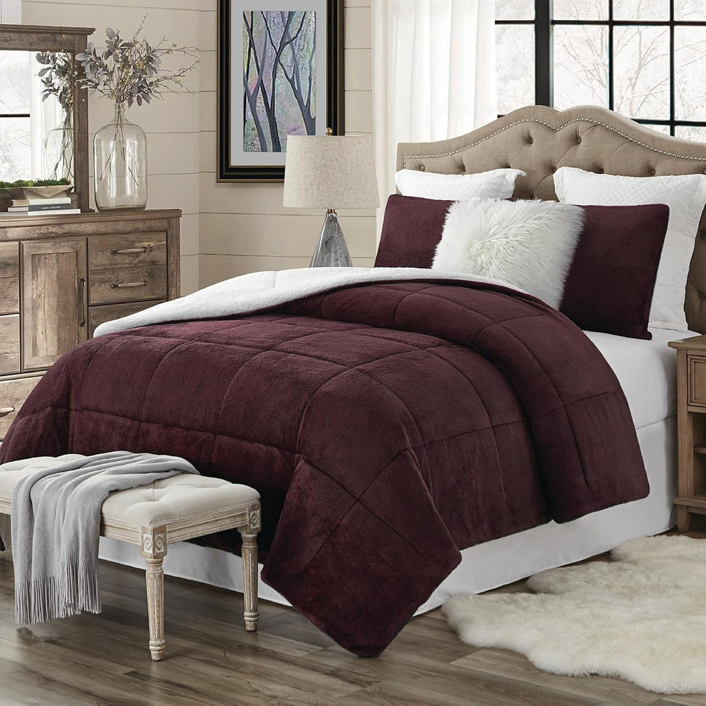Swift Home Full/Queen Comforter Set, Reversible Faux Fur Sherpa, Wine