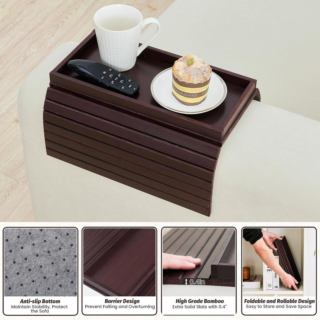 GEHE Bamboo Sofa Arm Tray, Foldable Couch Arm Tray Side Table, Anti-Falling Armrest Tables Cup Holder for Snacks, Drinks, Beers, Phone, Control, Flexible and Portable, Anti-Slip