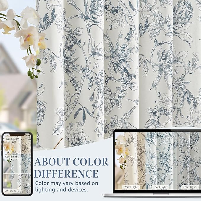 jinchan Floral Curtains 96 Inches Long Blue Flower Linen Farmhouse Curtain - Image 6
