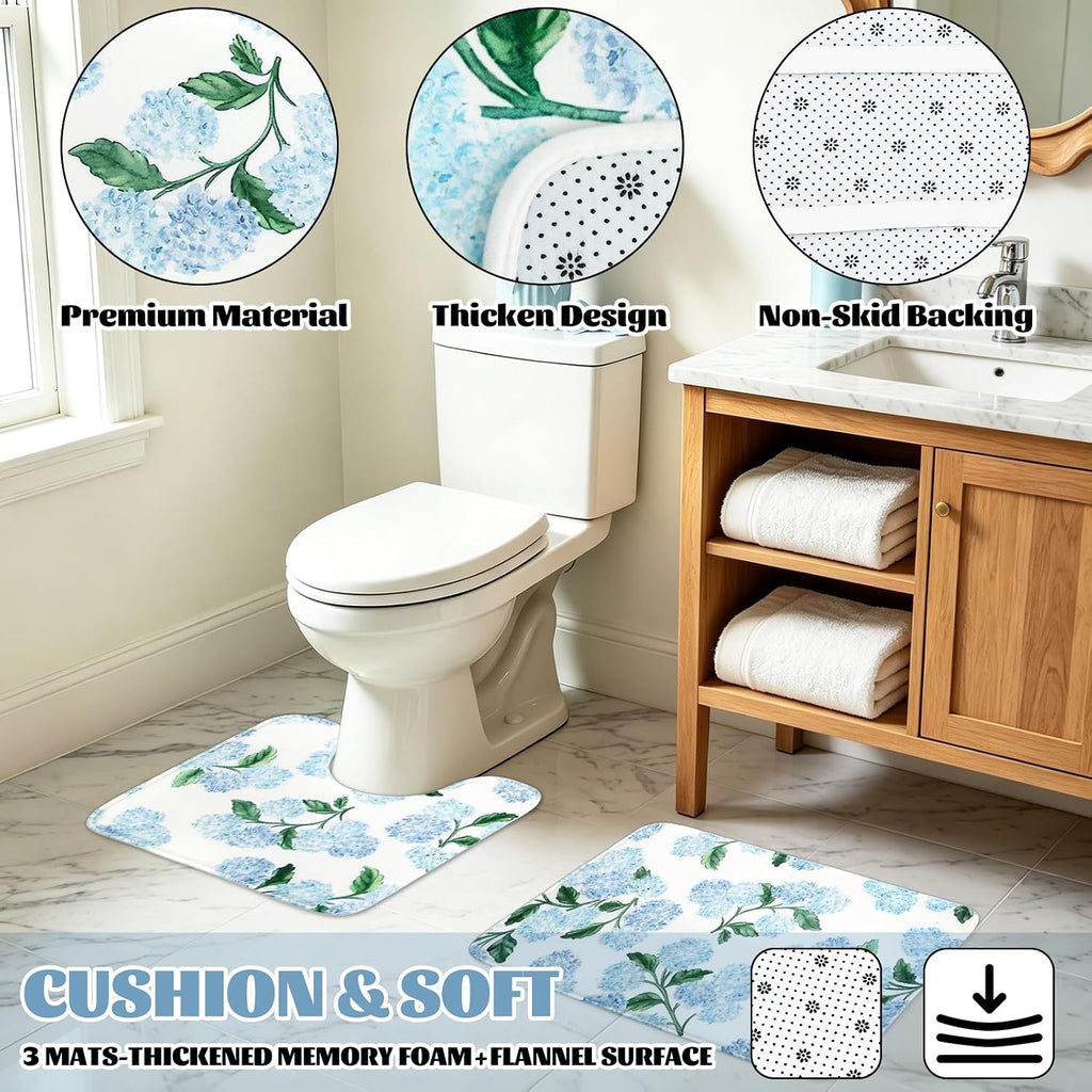 FYSUIMU 4Pcs Blue Hydrangea Bathroom Set Spring Floral Non-Slip Bath Mat U-Shaped Toilet Rug Toilet Lid Cover Shower Curtain with Hooks for Home Hotel Accessories Decoration