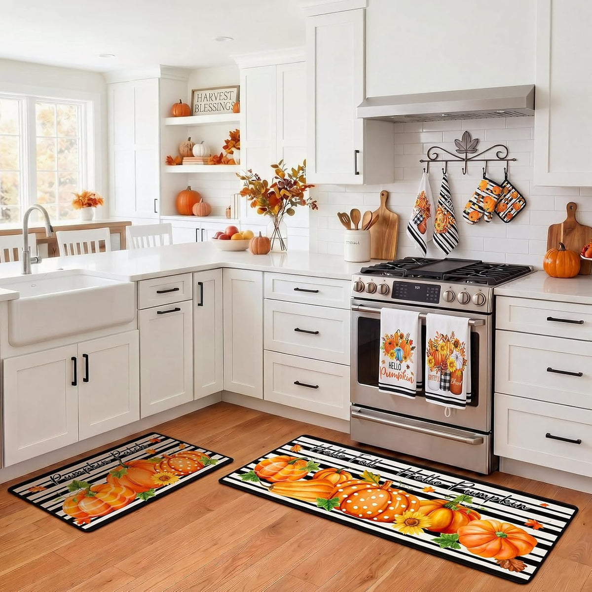 Fourluoo 10 Pcs Fall Kitchen Decor Hello Pumpkin Kitchen Accessories Set