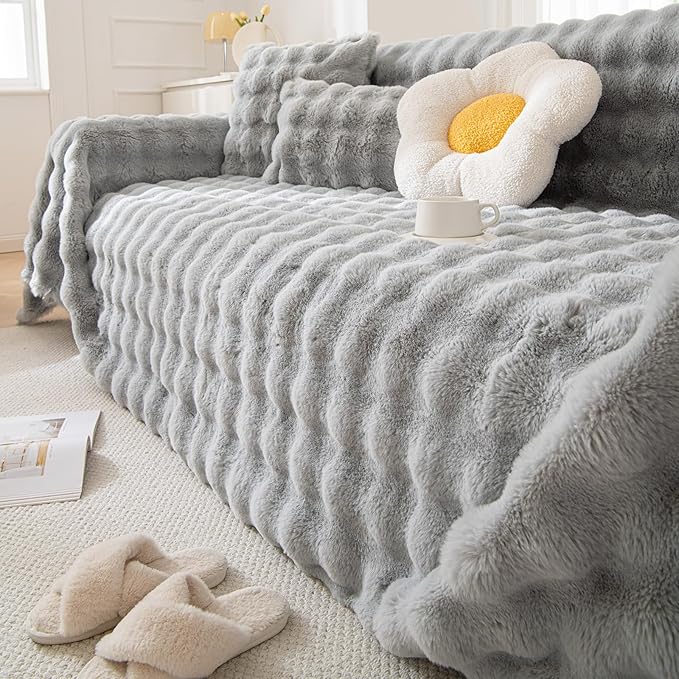 HANDONTIME Plush Sofa Covers Washable Rabbit Plush Couch Cover Soft Cozy Faux - Image 7