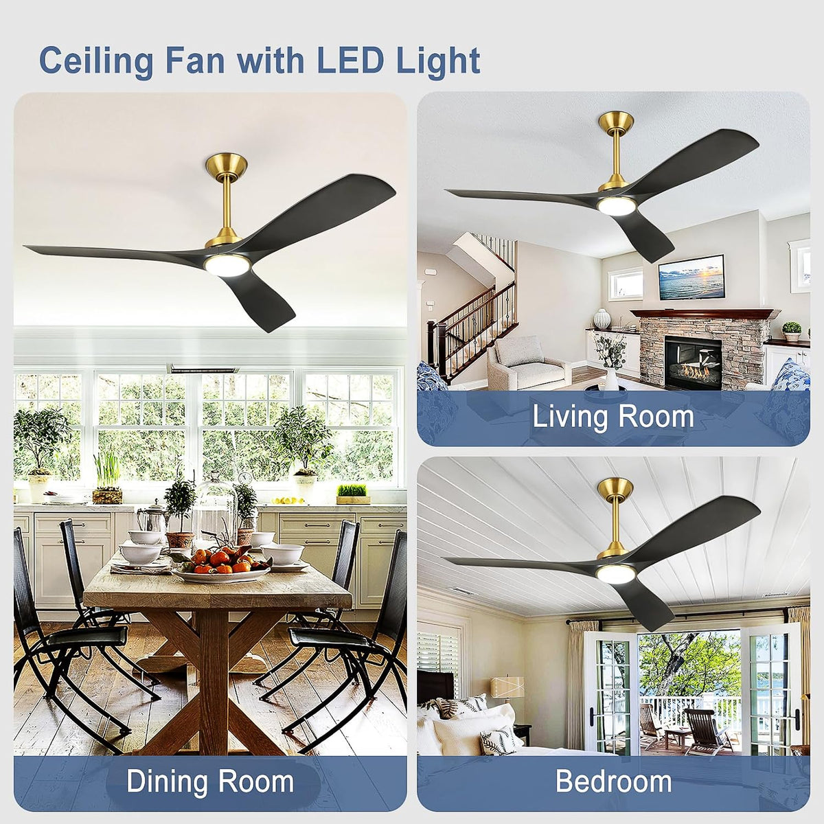 Modern Ceiling Fan with Light: Black and Gold Ceiling Fans with Remote and Smart APP Control 3 Blades - 52 Inch Ceiling Fan for Indoor Living Room Bedroom