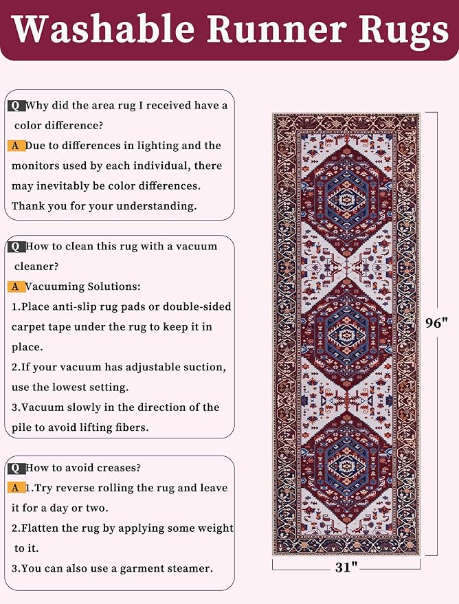 SERISSA Runner Rug for Hallways, Long Boho Rug Vintage Burgundy Navy Hallway - Image 6