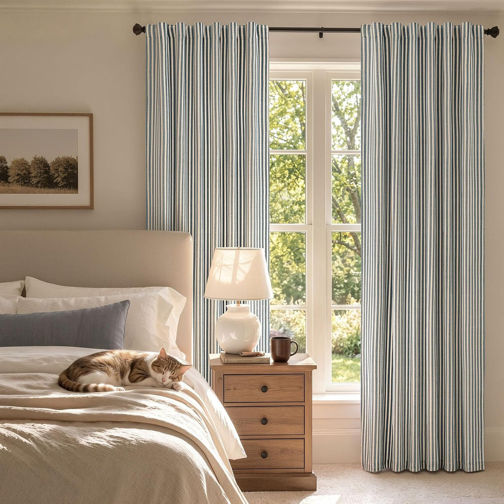 jinchan Linen Blackout Curtains Back Tab 84 Inch 2 Panels Striped Blue