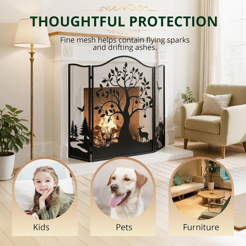50" x 36" 3-Panel Fireplace Screen, Tree Pattern Fire Guard, Rustic