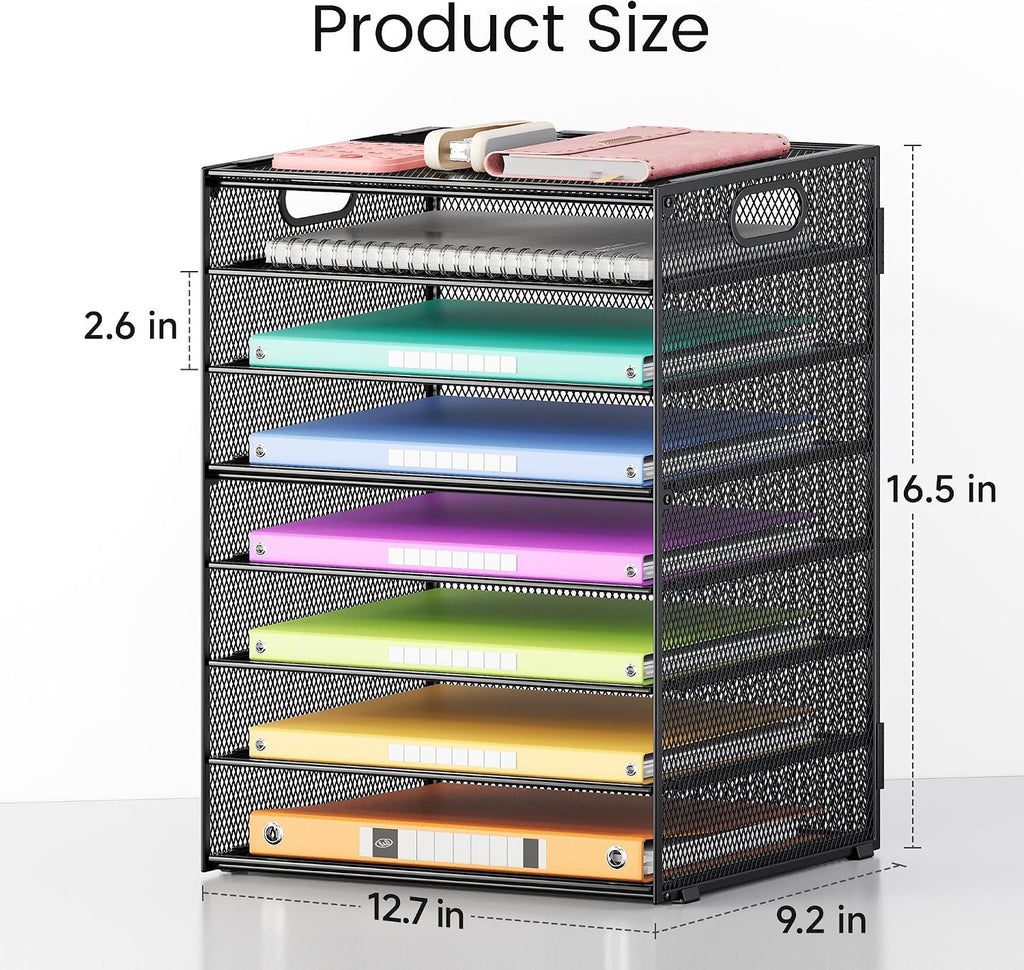 8 Tier Paper Organizer for Desk, Black Mesh Letter Tray File Sorter Organizers with Handles, Including 5 Adjustable Slid Trays for Office School Classroom Supplies Organization and Storage