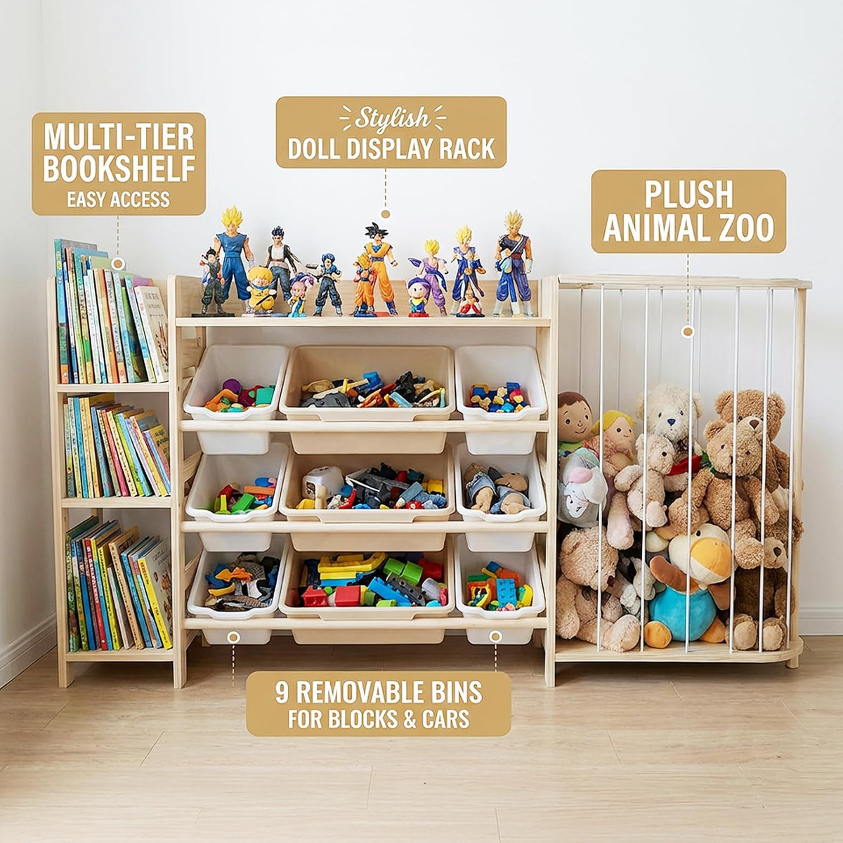 Amdermi Kids Toy Storage Organizer with Bookcase and Stuffed Animal Zoo, 4-in-1 Wooden Multi Bin Toy Shelf for Toddlers, Playroom, Bedroom, Nursery
