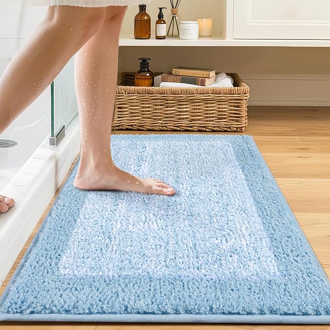36x24 Large Bathroom Rugs Washable Non Slip, Light Blue Bath Mat - Image 2
