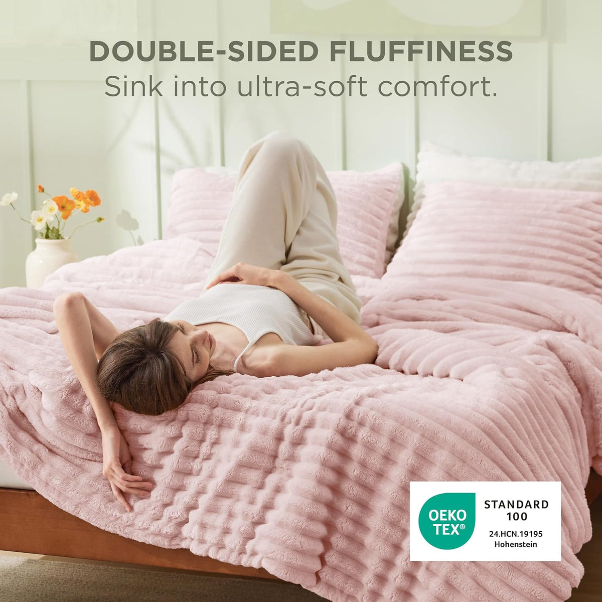 Bedsure Large Queen Fluffy Comforter Set, Cozy Fleece Pink Bedding