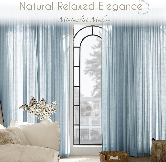 Dusty Blue Linen Curtains for Living Room Back Tab Light Filtering Semi Sheer - Image 6