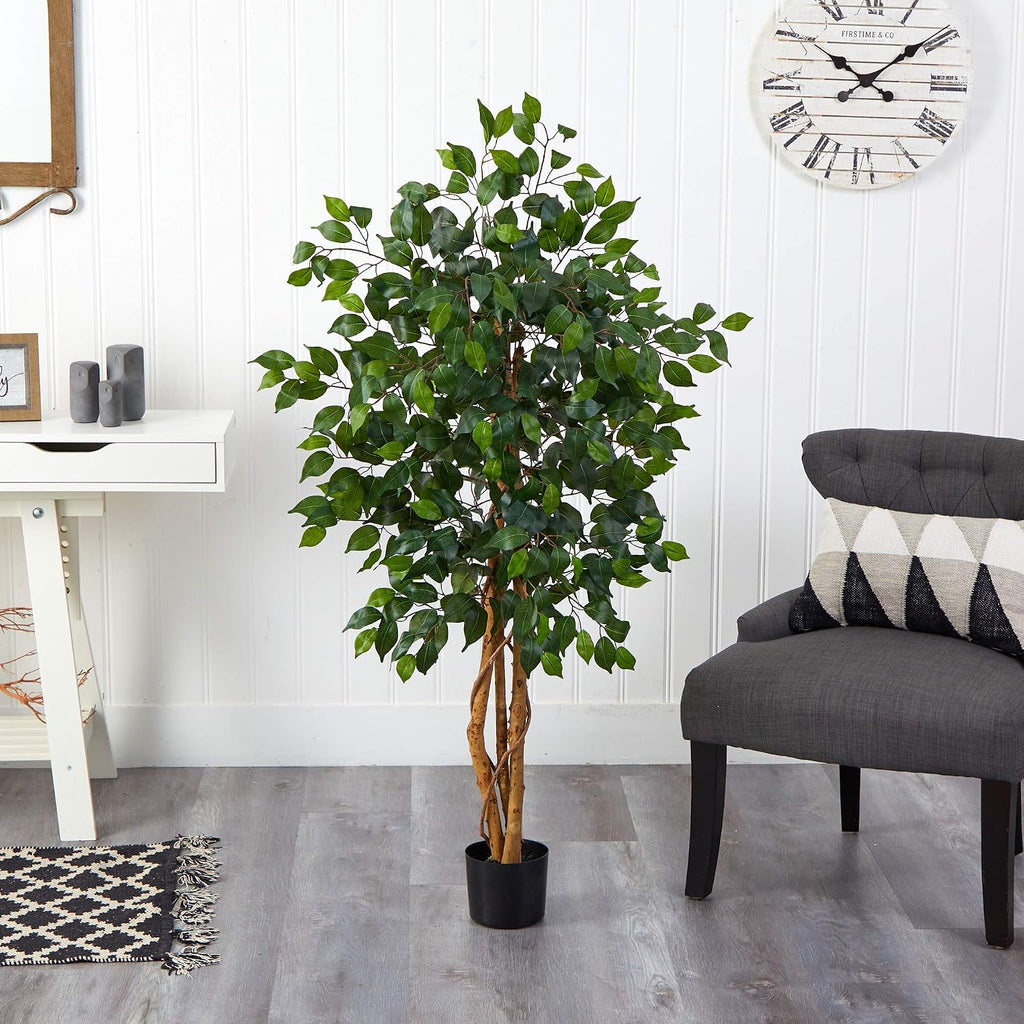 Nearly Natural 4 ft Artificial Triple Trunk Ficus Tree with Pot