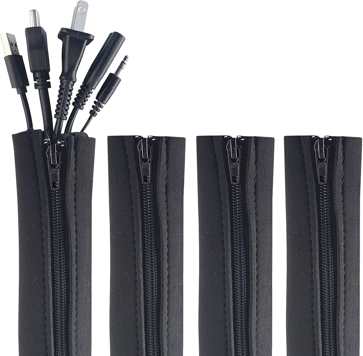 Wrap-It Storage Zipper Cable Sleeve, Black, 24", 4-Pack
