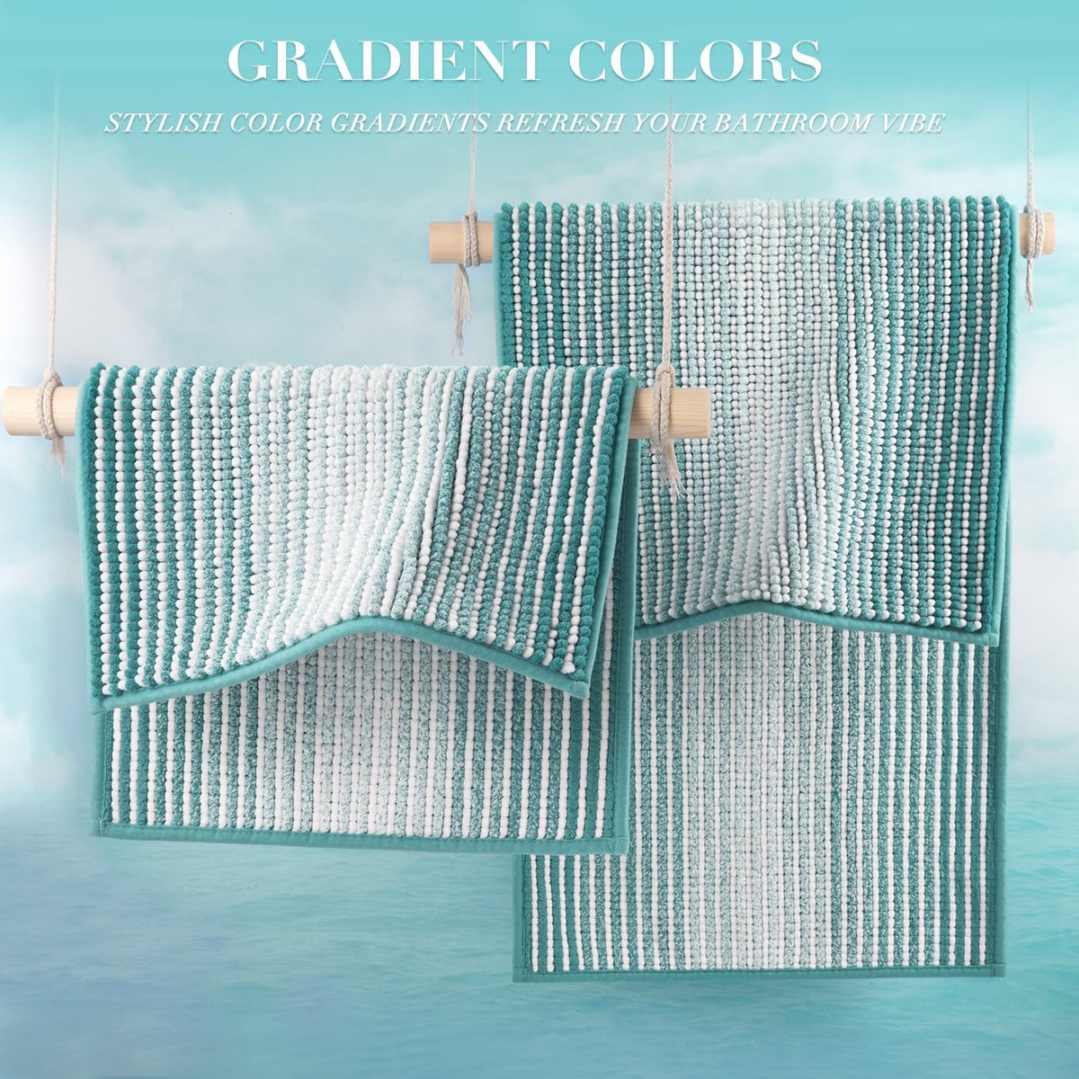 Bathroom Rugs Sets 2 Piece, Non Slip Striped Bath Mats, Aqua Green