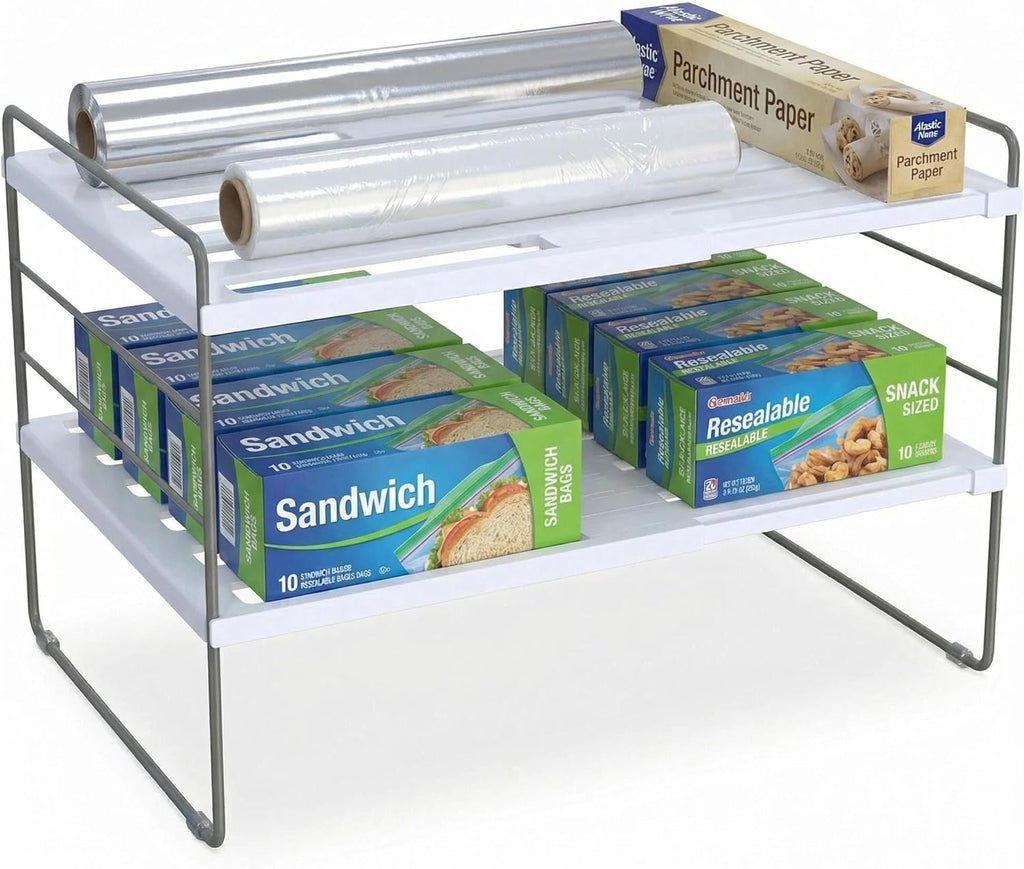 YAN & HIN 2 Pack Expandable Cabinet Organizer Shelf, 3-Tier Kitchen Cabinet Organizer for Tupperware & Food Container Storage, Adjustable Pantry Shelf Organizer for Bottles, Lids & Countertop