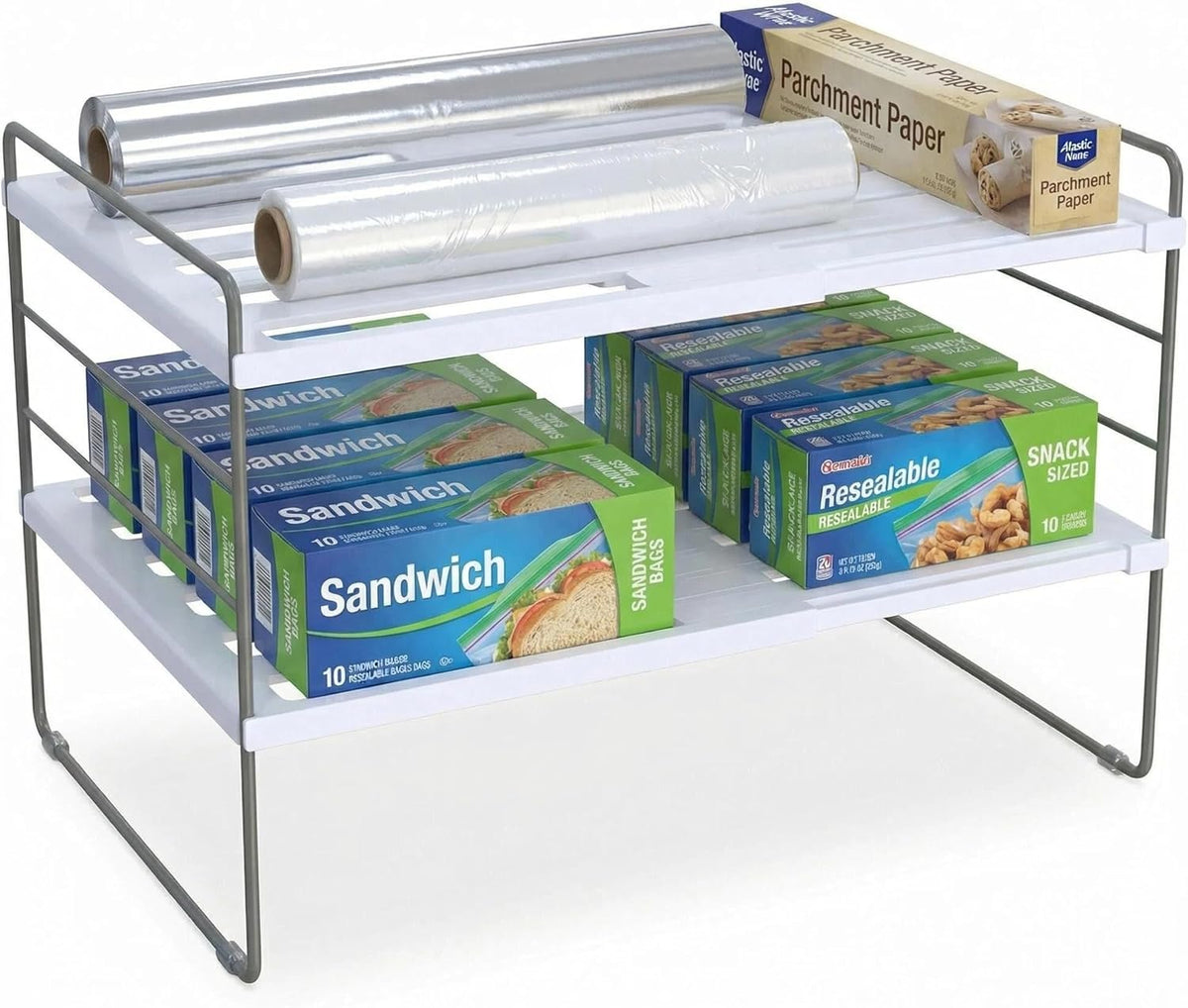 YAN & HIN 2 Pack Expandable Cabinet Organizer Shelf, 3-Tier Kitchen Cabinet Organizer for Tupperware & Food Container Storage, Adjustable Pantry Shelf Organizer for Bottles, Lids & Countertop