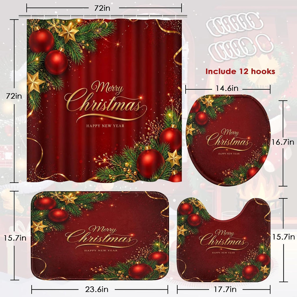 ArtSocket Christmas Bathroom Sets with Shower Curtain and Rugs, Red Gold