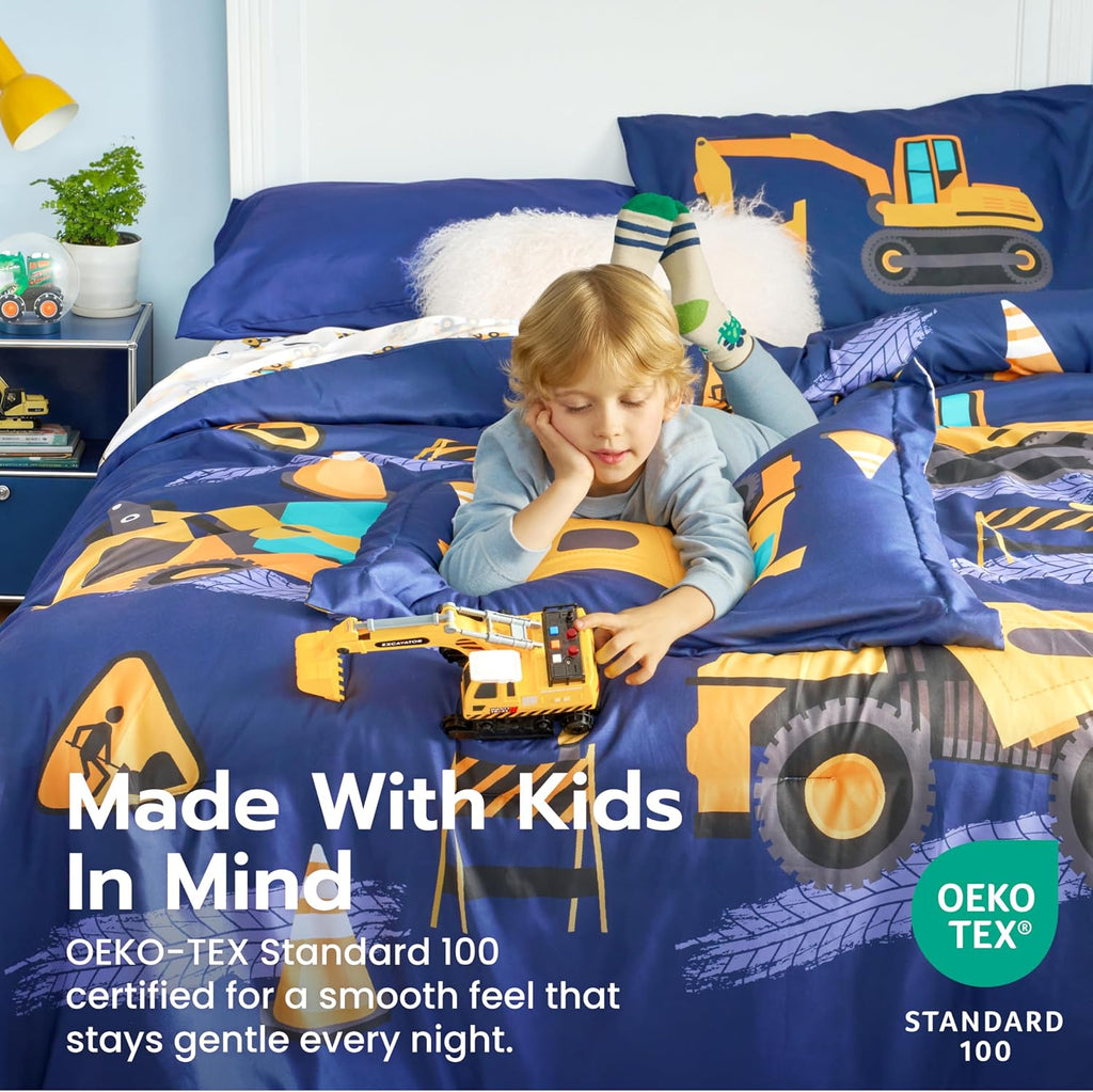 Joiedomi Kids Comforter Set Bedding Set for Boys Girls Super Soft Microfiber Bed in a Bag with Comforter Sheets Pillowcase Sham, Dark Blue Construction Vehicle, Twin
