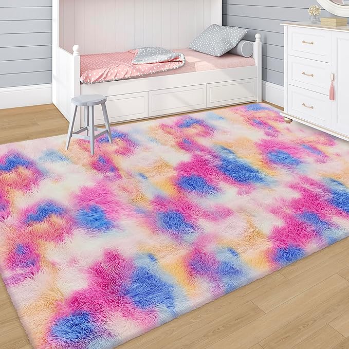 Fluffy Rainbow Colorful Rug for Living Room 5x8 Kawaii Rainbow Tie Dye Area Rug - Image 4