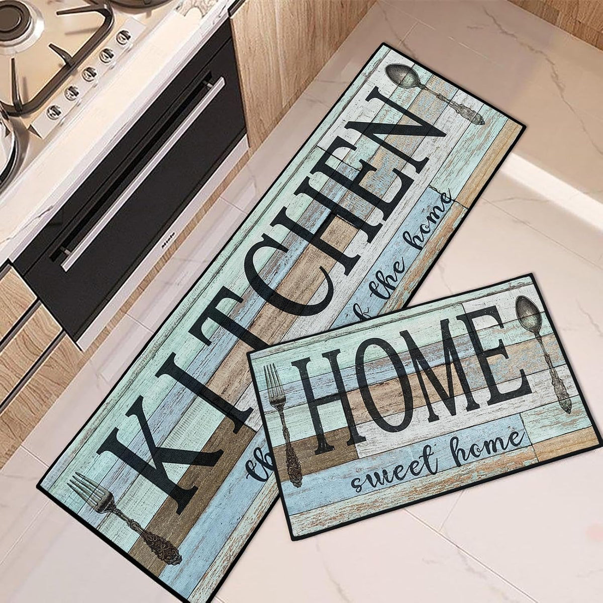 Kitchen Rugs Set of 2 Non Slip WashableVintage Wood Heart