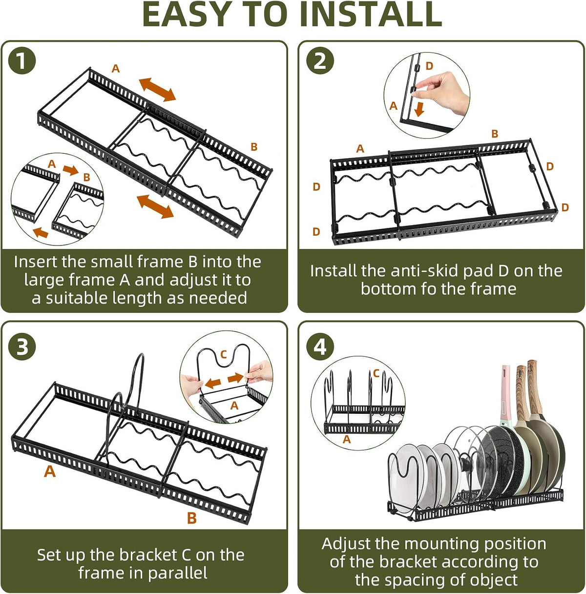 ROOHUA Pot and Pan Lid Organizer Rack for Under Cabinet, 12"-23" Expandable