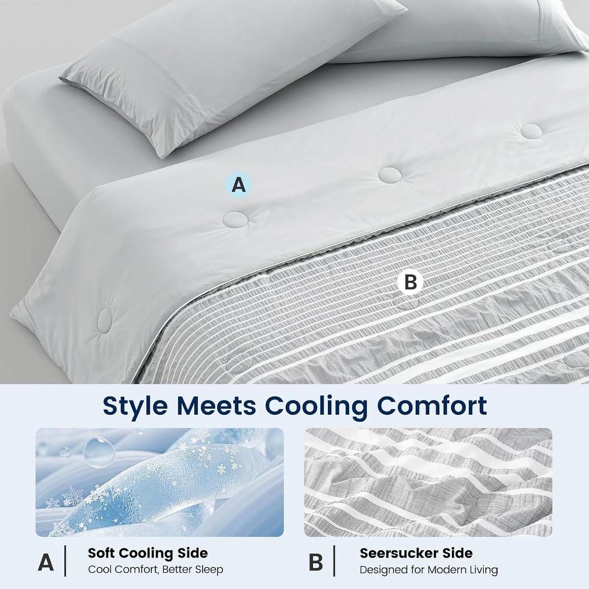 Cozy Bliss Cationic Dyed Seersucker Cooling Comforter King Size, Lightweight Airflow Silky Cooling Bedding with Q-Max>0.45 for Bedroom, Home Decor, Hot Sleepers & Night Sweats, Grey 106"×90"