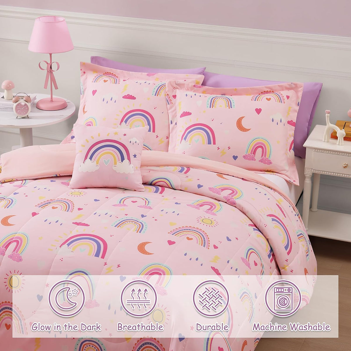 Twin Comforter Set for Girls-3 Pieces Rainbow Glow in the Dark Twin Bedding
