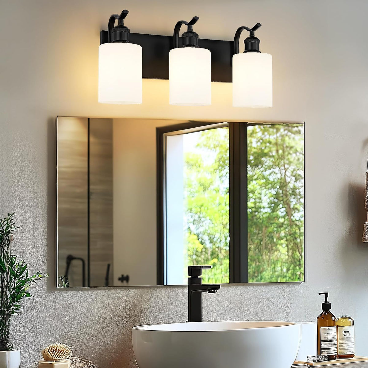 3-Light 19 Inch Bathroom Vanity Light,White Frosted Glass,Black