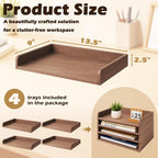 PROLEE 4 Pack Stackable Paper Tray, Wooden Paper Tray Organizer with Letter Tray, Paper Holder for Desk, Desktop File Storage Rack for Study, Home and Office (Walnut)