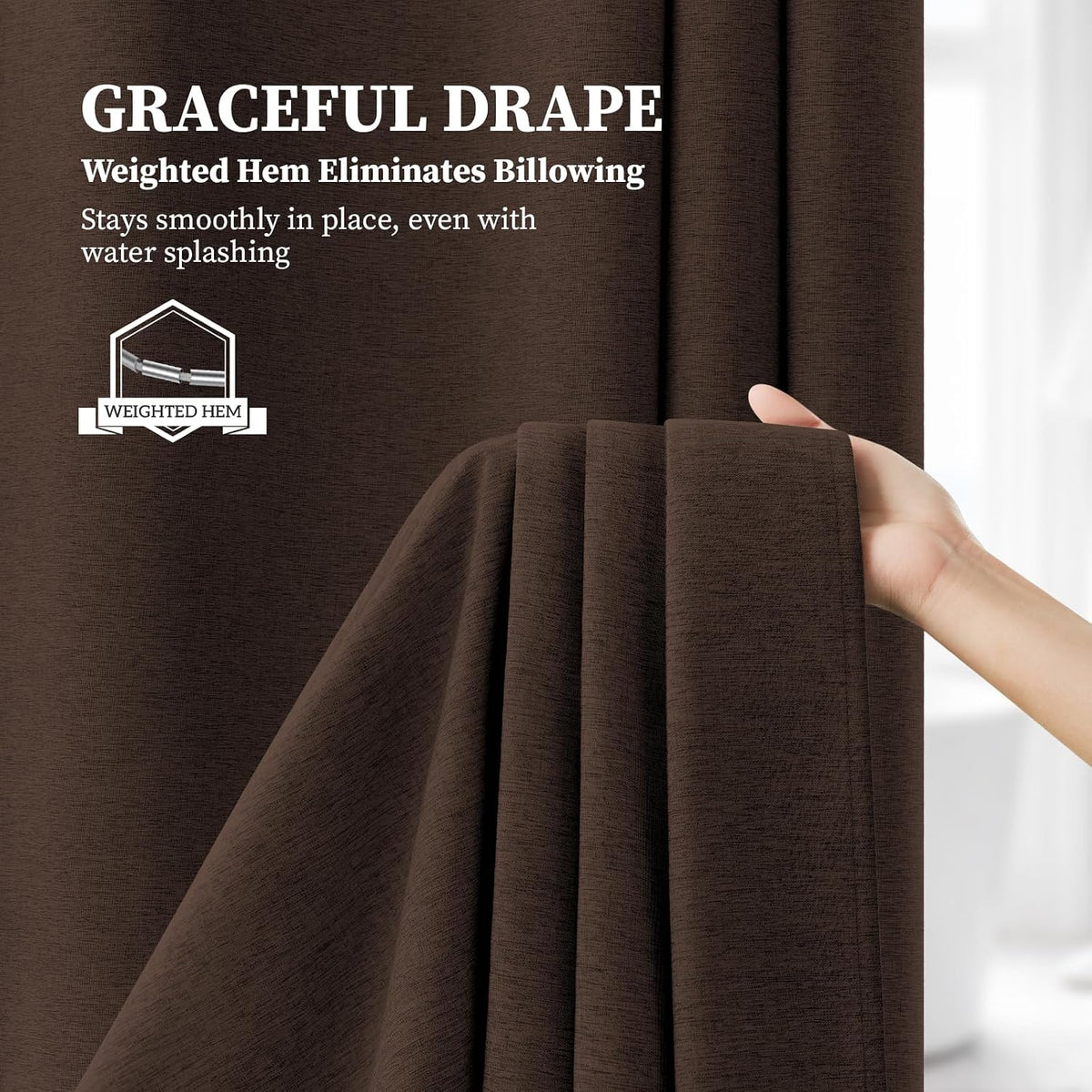 Brown Linen Textured Waterproof Thick Fabric Shower Curtain Set, 72x72