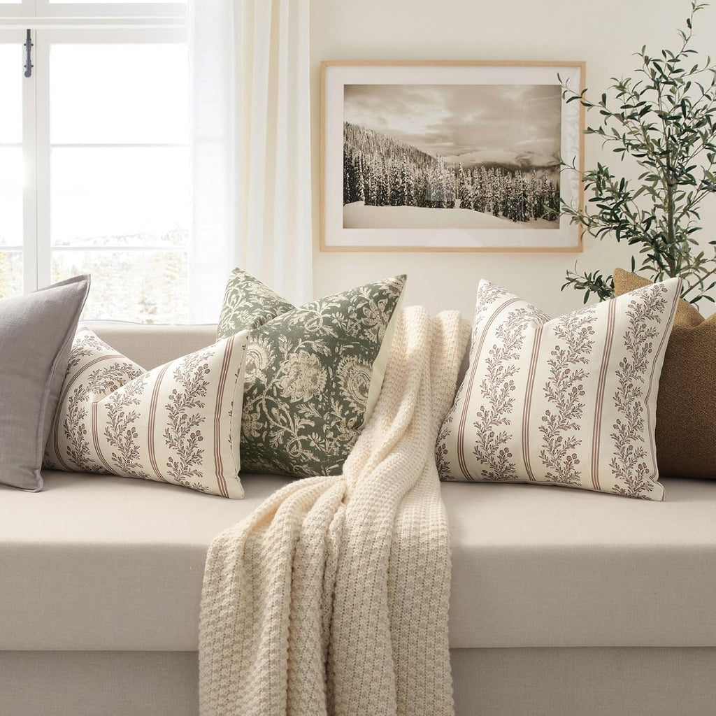 Vintage Throw Pillow Covers 18x18 Set of 2, Striped Floral Pillow Cover Botanical Patterned Decorative Cushion Covers Modern Farmhouse Home Decor for Sofa Couch Bed Living Room, Almond