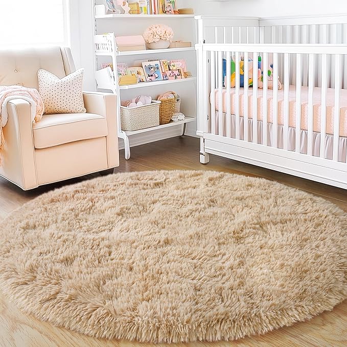 5'x5' Beige Round Rug for Bedroom, Ultra Soft Fluffy Circle Rug for Kids Girls - Image 7