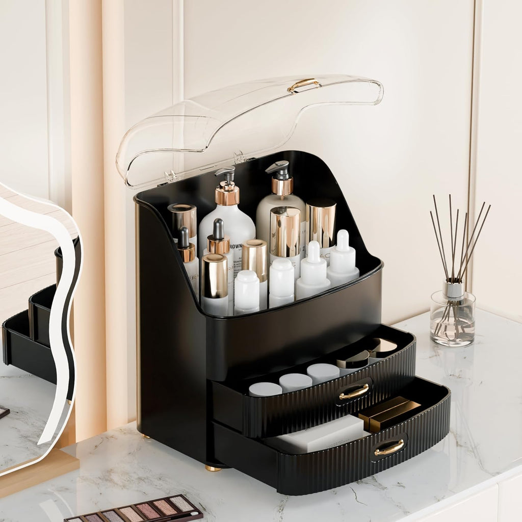 Makeup Organizer Countertop Vanity with Transparent Lid Drawers Waterproof Dustproof Cosmetic Skincare Bathroom Storage Gift for Women Teens Girls (Black)