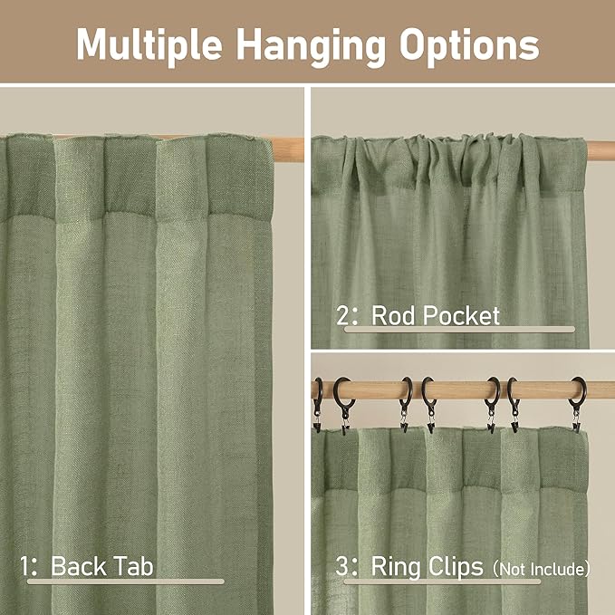 LAMIT Sage Green Linen Curtains 24 Inch Length, Semi Sheer Light Filtering - Image 3