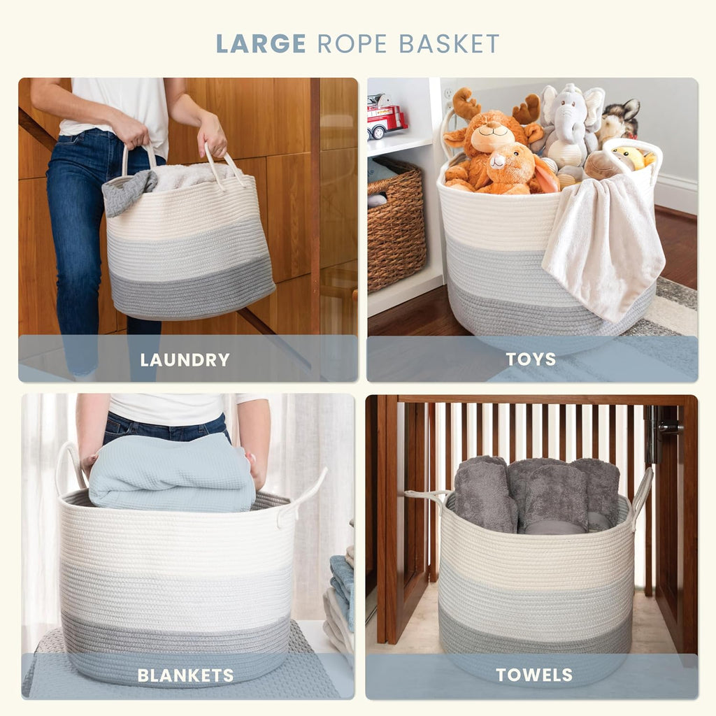 OrganiHaus Large Woven Storage Basket for Blankets and Toys 20" x 13" Inch, Rope Laundry Basket with Handles, Cushions & Pillows Storage Bin, Nursery Hamper, Soft Round Dog Toy Bin - Gray