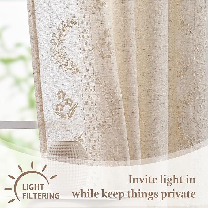 jinchan Belrose Linen Floral Kitchen Curtains 24 inch Length Embroidered - Image 7