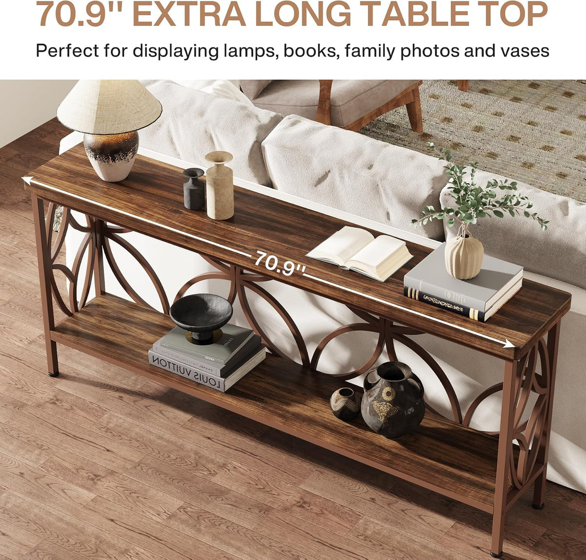 Tribesigns 70.9-Inch Narrow Sofa Table, Industrial Long Sofa Table Behind Couch, Entry Console Table with Storage for Entryway, Living Room, Foyer, Unique Design, Brown Glossy