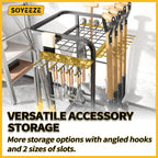 SOYEEZE Garden Tool Organizer with Large Wheels, Heavy Duty 3-Tier Yard Tower Tool Rack for Garage, Holds Up to 35 Long-Handled Tools, Garden Tool Cart with 12 Hooks for Tool Organization Storage