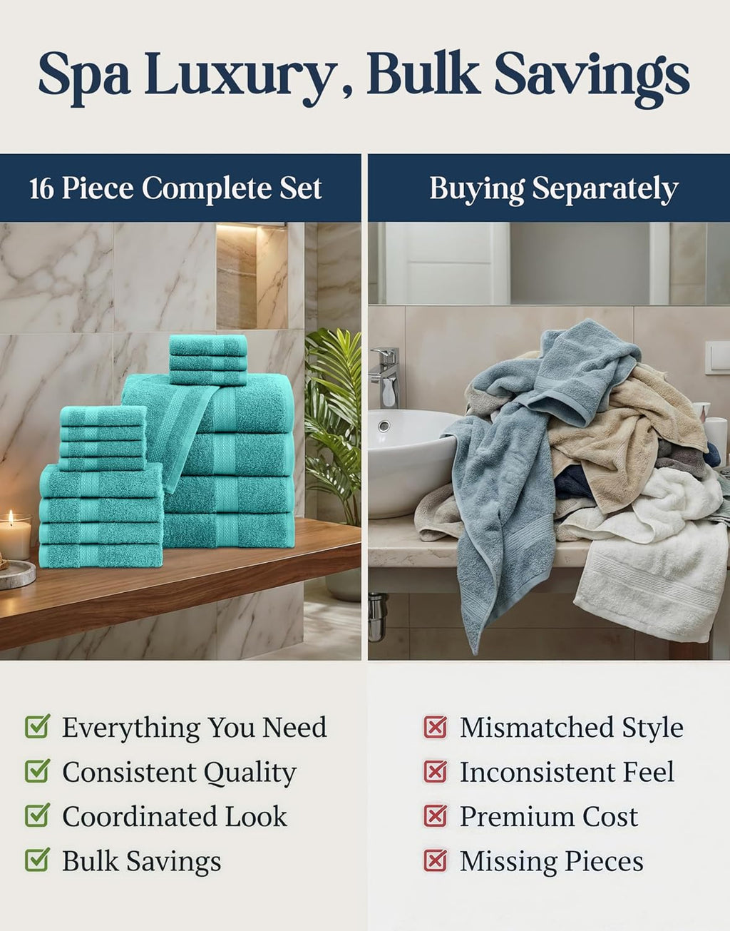 LANE LINEN Towel Set 16 Piece Soft Absorbent Quick Dry 100% Cotton - Teal