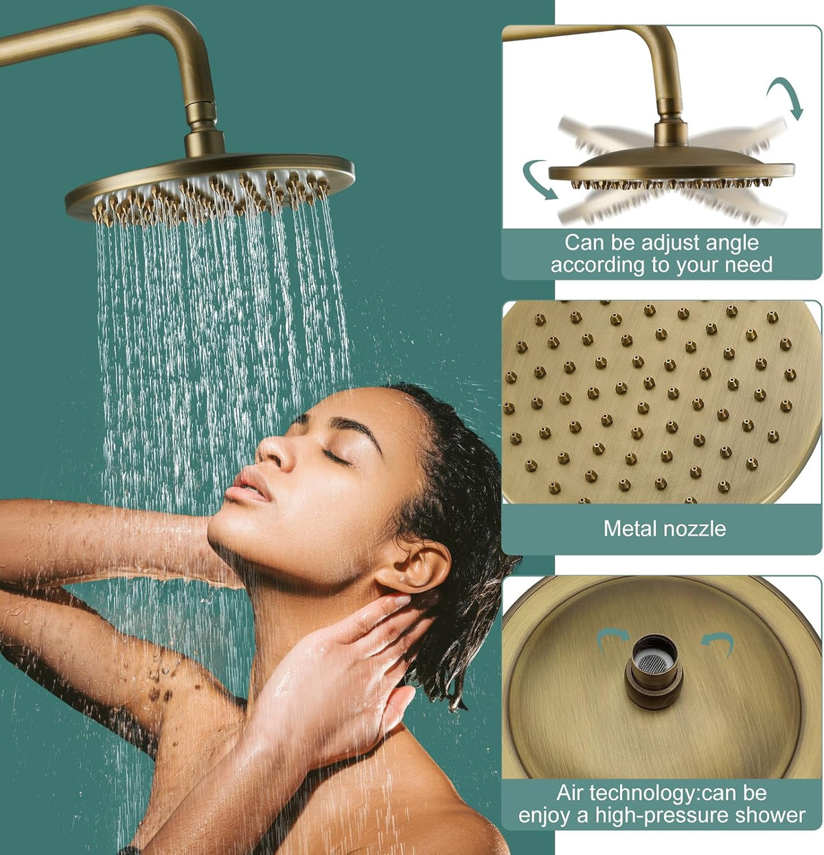 Heyalan Exposed Shower System, 8 Inch Rain Head, Handheld,Antique Brass