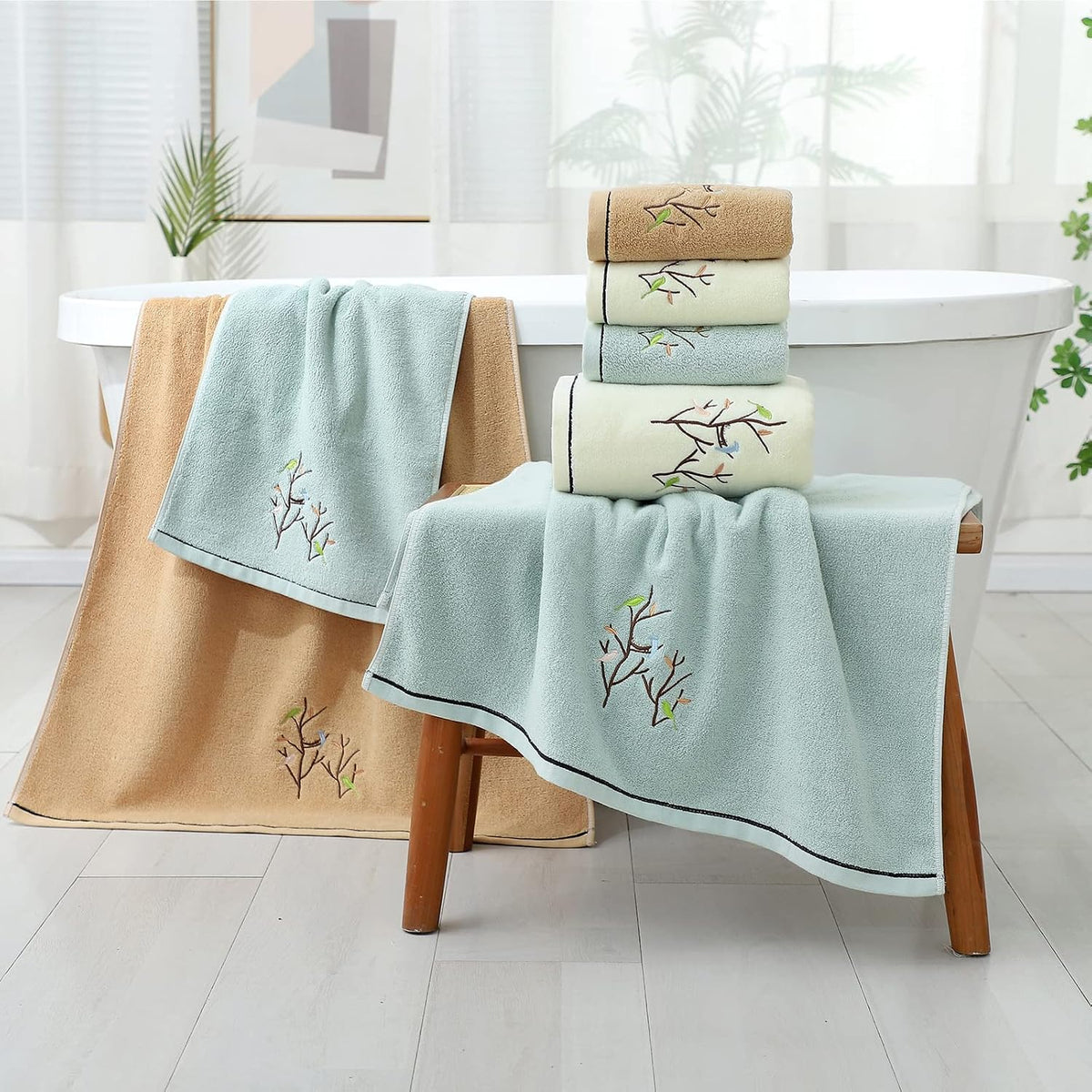 Pidada Embroidered Bird Tree Hand Towels for Bathroom Set of 2,Aqua Green