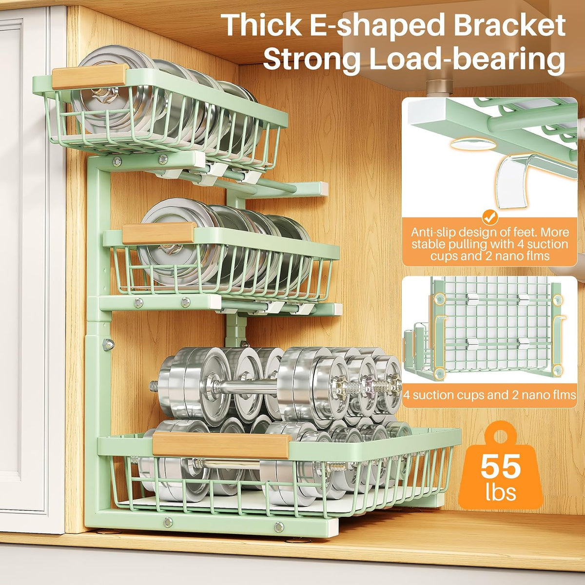PXRACK Under Sink Organizer, 1-Pack 3-Tier Height Adjustable Thickened Metal Pull out Cabinet Organizer Shelf, Slide out Storage Drawer Rack for Bathroom Kitchen Pantry Home Organization, Green