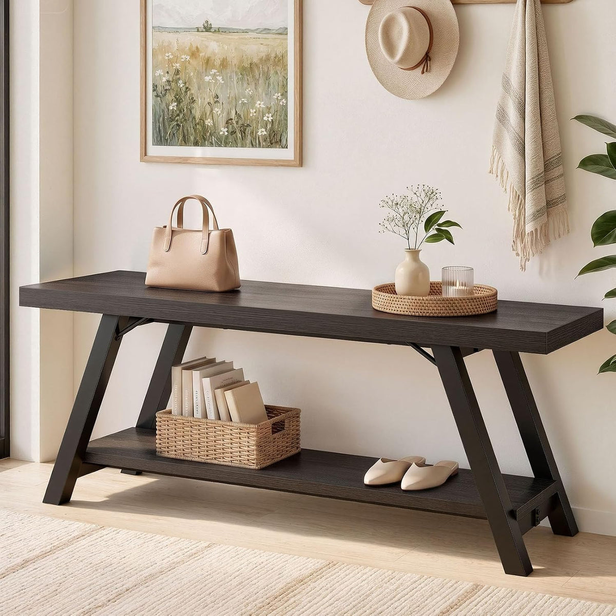 LVB Entryway Bench with Storage, Wood Bench for Entryway, Dark Gray Oak