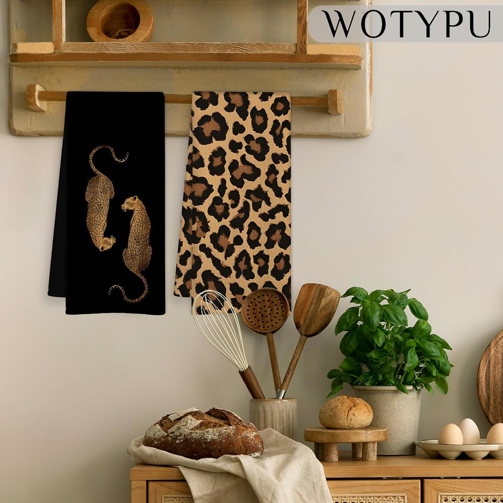 Trendy Leopard Print Kitchen Towels, Leopard Print Gifts for Women Dish Tea Towels, Maximalist Cheetah Decorative Hand Towel for Bathroom, 16x24 Inch Set of 2