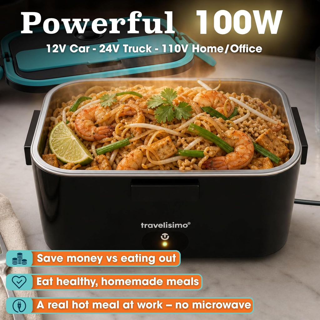 TRAVELISIMO Extra-Large Electric Lunch Box For Adults Holds up to 8 Cups - 100W Heated Lunch Box For Men 1.8L, Portable Food Warmer for Travel & Work, Loncheras Electricas Para Calentar Almuerzo