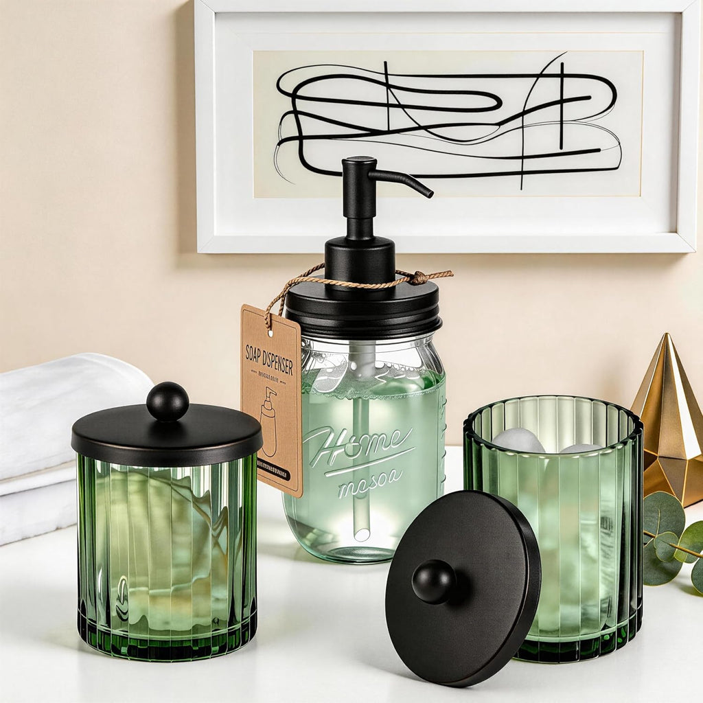 Amolliar Green Glass Apothecary Jar, Qtip Holder for Bathroom(Black 4 Pack)