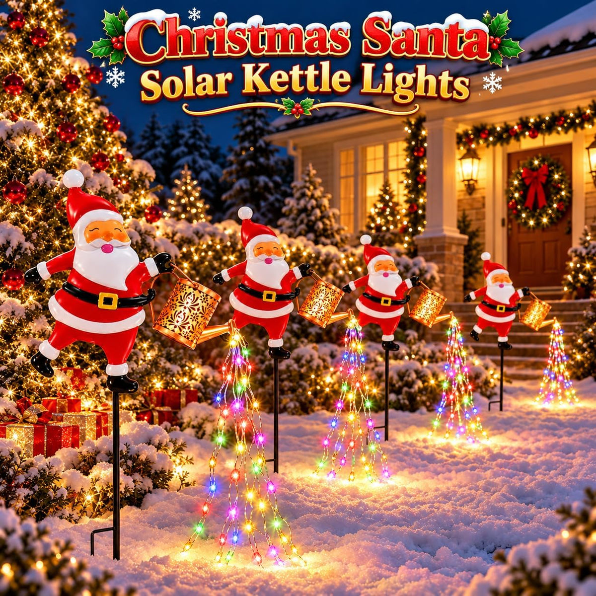 Christmas Solar Watering Can Lights Outdoor - Lighted Santa Claus Kettle Garden Stake Hanging Lantern, Waterproof Xmas LED Landscape Pathway Lights for Yard Lawn Patio Holiday Decor, Christmas Gifts