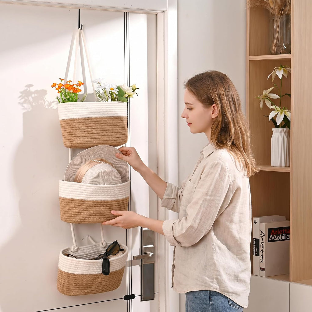 Hanging Baskets for Organizing 3-Tier Wall Basket Khaki & Off White