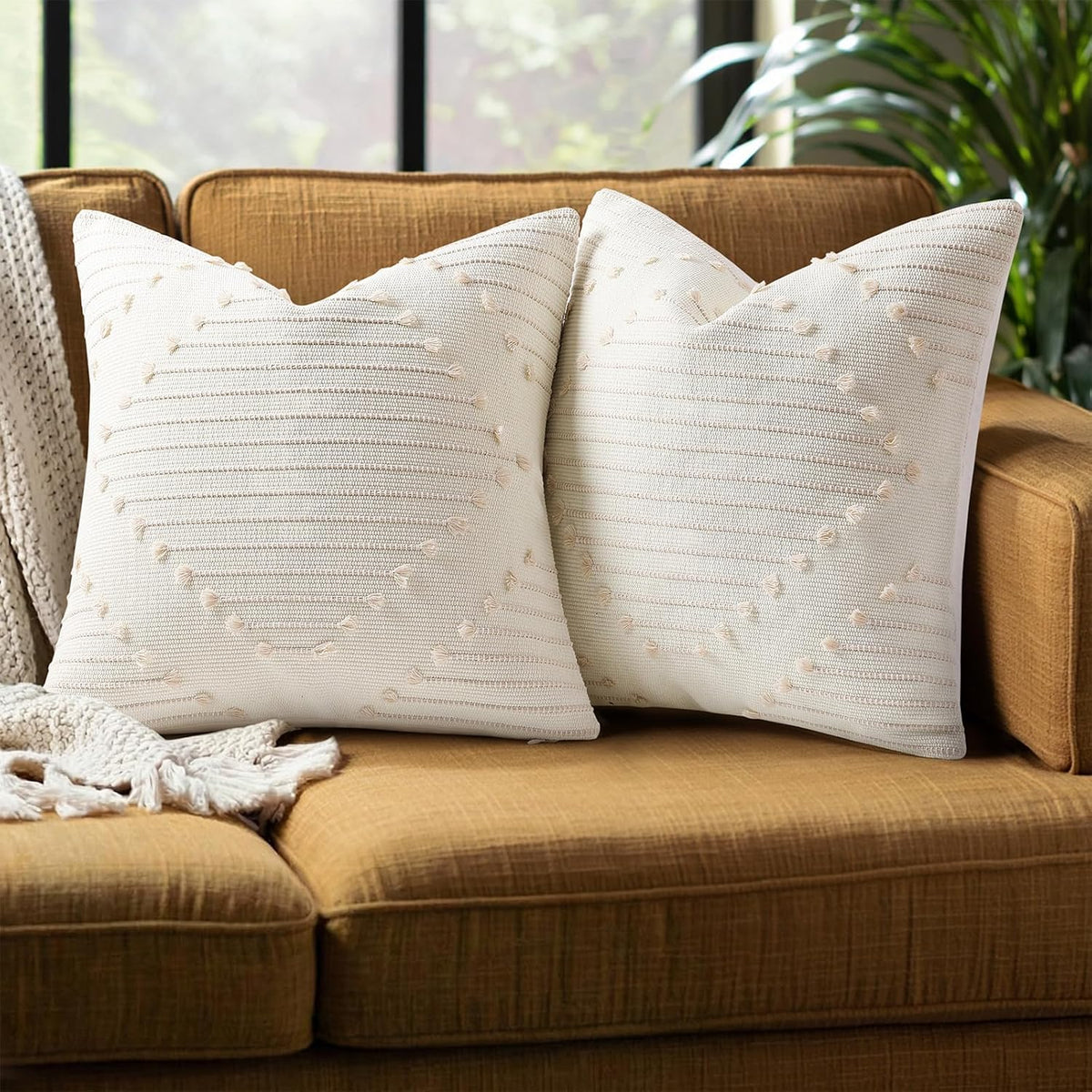 Mecatny Boho Outdoor Throw Pillow Covers 18x18 Set of 2 Beige & Cream White