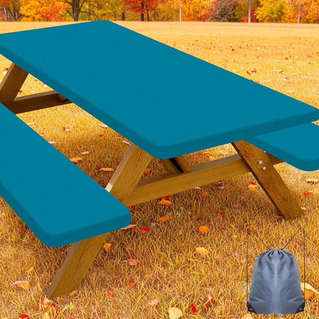 Smiry Picnic Table Cover with Bench Covers, Waterproof Elastic Fitted Polyester Tablecloths for 6 Ft Rectangle Tables, Washable Windproof Tablecloth for Camping, RV & Outdoor (Turquoise, 30x72 Inches)